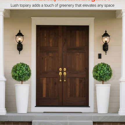 Artificial Topiary Boxwood Trees with Ground Spike, 2 Set 686mm Faux Shrubs & Bushes Potted Plants, Fake Silk Tree - Petal & Stem
