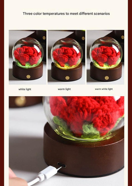 Blue Rose Handcrafted Crochet Flower LED Night Light USB Rechargeable Glass Dome Lamp with Wood Base, 3 Colour Modes - Petal & Stem