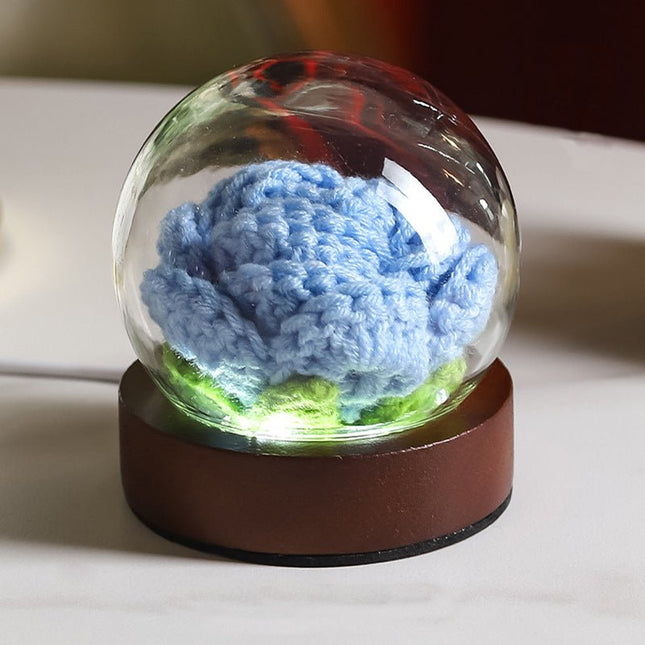 Blue Rose Handcrafted Crochet Flower LED Night Light USB Rechargeable Glass Dome Lamp with Wood Base, 3 Colour Modes - Petal & Stem