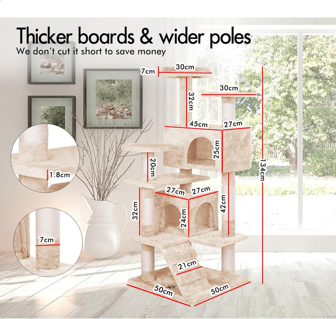 CARLA HOME 134cm Cat Tree Tower for Indoor Cats with Plush Perches, Dual Condos, Natural Sisal Scratching Posts & Ramp for Kittens & Adult Cats (Beige) - Petal & Stem