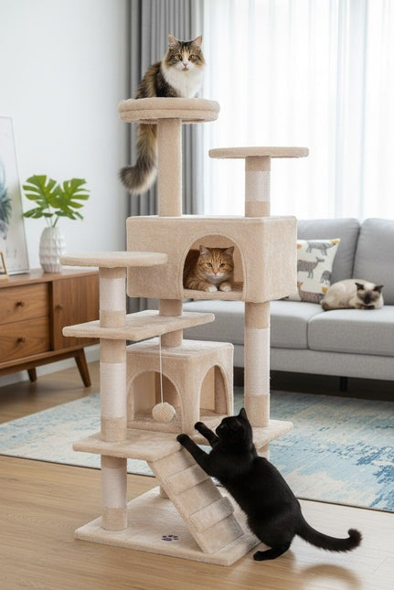 CARLA HOME 134cm Cat Tree Tower for Indoor Cats with Plush Perches, Dual Condos, Natural Sisal Scratching Posts & Ramp for Kittens & Adult Cats (Beige) - Petal & Stem