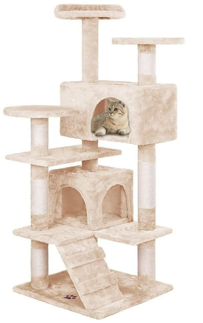 CARLA HOME 134cm Cat Tree Tower for Indoor Cats with Plush Perches, Dual Condos, Natural Sisal Scratching Posts & Ramp for Kittens & Adult Cats (Beige) - Petal & Stem