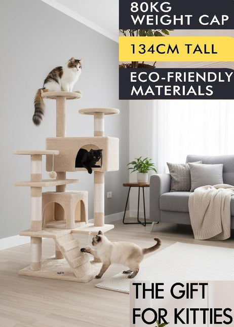 CARLA HOME 134cm Cat Tree Tower for Indoor Cats with Plush Perches, Dual Condos, Natural Sisal Scratching Posts & Ramp for Kittens & Adult Cats (Beige) - Petal & Stem