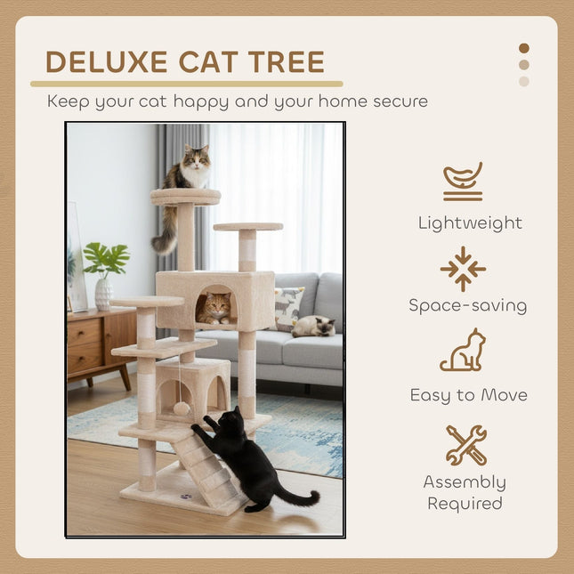 CARLA HOME 134cm Cat Tree Tower for Indoor Cats with Plush Perches, Dual Condos, Natural Sisal Scratching Posts & Ramp for Kittens & Adult Cats (Beige) - Petal & Stem