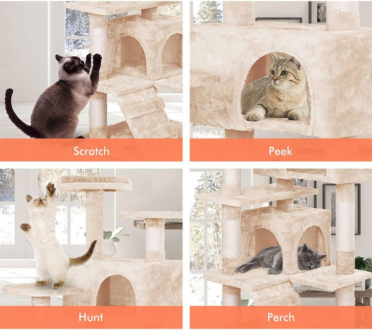 CARLA HOME 134cm Cat Tree Tower for Indoor Cats with Plush Perches, Dual Condos, Natural Sisal Scratching Posts & Ramp for Kittens & Adult Cats (Beige) - Petal & Stem