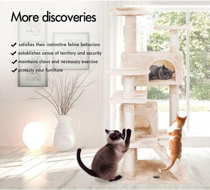 CARLA HOME 134cm Cat Tree Tower for Indoor Cats with Plush Perches, Dual Condos, Natural Sisal Scratching Posts & Ramp for Kittens & Adult Cats (Beige) - Petal & Stem