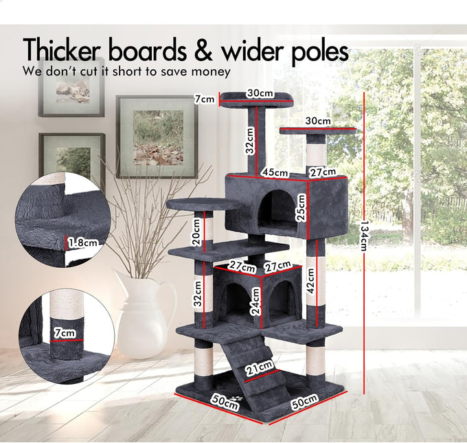 CARLA HOME 134cm Cat Tree Tower for Indoor Cats with Plush Perches, Dual Condos, Natural Sisal Scratching Posts & Ramp for Kittens & Adult Cats (Dark Grey) - Petal & Stem