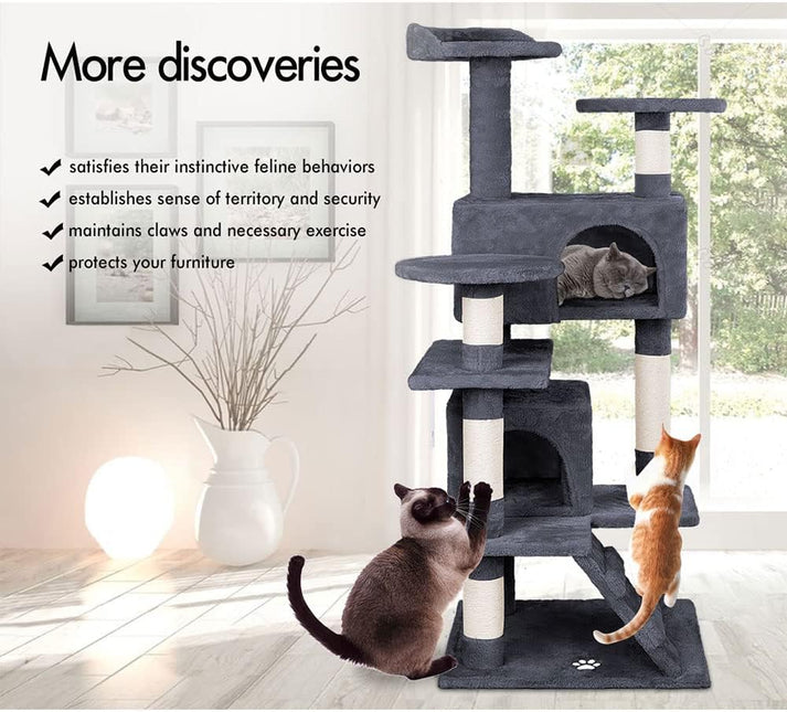 CARLA HOME 134cm Cat Tree Tower for Indoor Cats with Plush Perches, Dual Condos, Natural Sisal Scratching Posts & Ramp for Kittens & Adult Cats (Dark Grey) - Petal & Stem