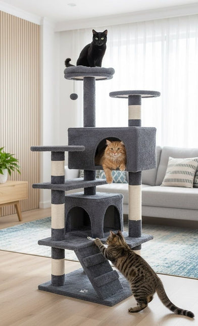 CARLA HOME 134cm Cat Tree Tower for Indoor Cats with Plush Perches, Dual Condos, Natural Sisal Scratching Posts & Ramp for Kittens & Adult Cats (Dark Grey) - Petal & Stem