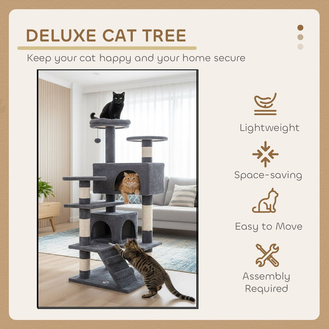 CARLA HOME 134cm Cat Tree Tower for Indoor Cats with Plush Perches, Dual Condos, Natural Sisal Scratching Posts & Ramp for Kittens & Adult Cats (Dark Grey) - Petal & Stem