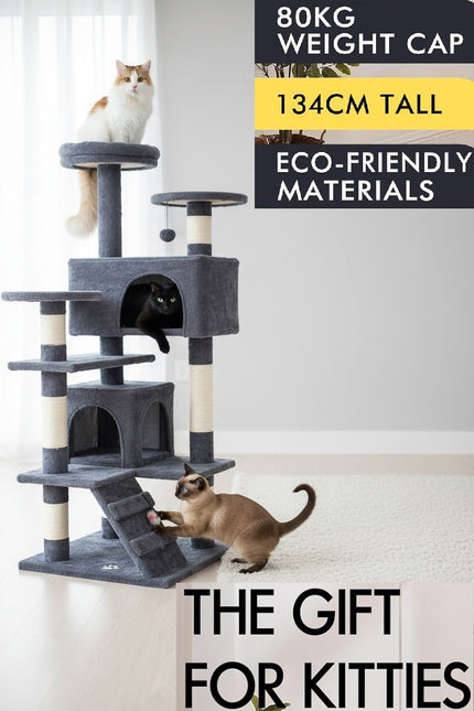 CARLA HOME 134cm Cat Tree Tower for Indoor Cats with Plush Perches, Dual Condos, Natural Sisal Scratching Posts & Ramp for Kittens & Adult Cats (Dark Grey) - Petal & Stem