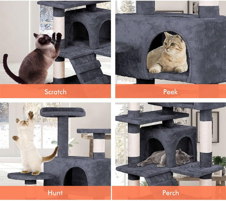 CARLA HOME 134cm Cat Tree Tower for Indoor Cats with Plush Perches, Dual Condos, Natural Sisal Scratching Posts & Ramp for Kittens & Adult Cats (Dark Grey) - Petal & Stem