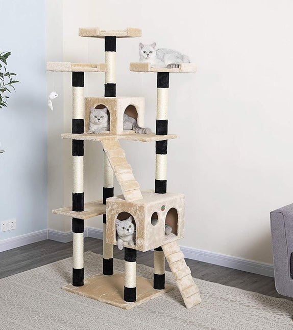 CARLA HOME 180cm Cat Tree Tower for Indoor Cats with Dual Condos, Plush Perches, Sisal Scratching Posts & Ramps for Kittens & Adult Cats (Beige) - Petal & Stem