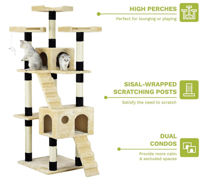 CARLA HOME 180cm Cat Tree Tower for Indoor Cats with Dual Condos, Plush Perches, Sisal Scratching Posts & Ramps for Kittens & Adult Cats (Beige) - Petal & Stem