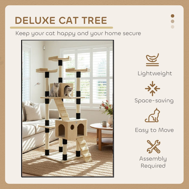CARLA HOME 180cm Cat Tree Tower for Indoor Cats with Dual Condos, Plush Perches, Sisal Scratching Posts & Ramps for Kittens & Adult Cats (Beige) - Petal & Stem