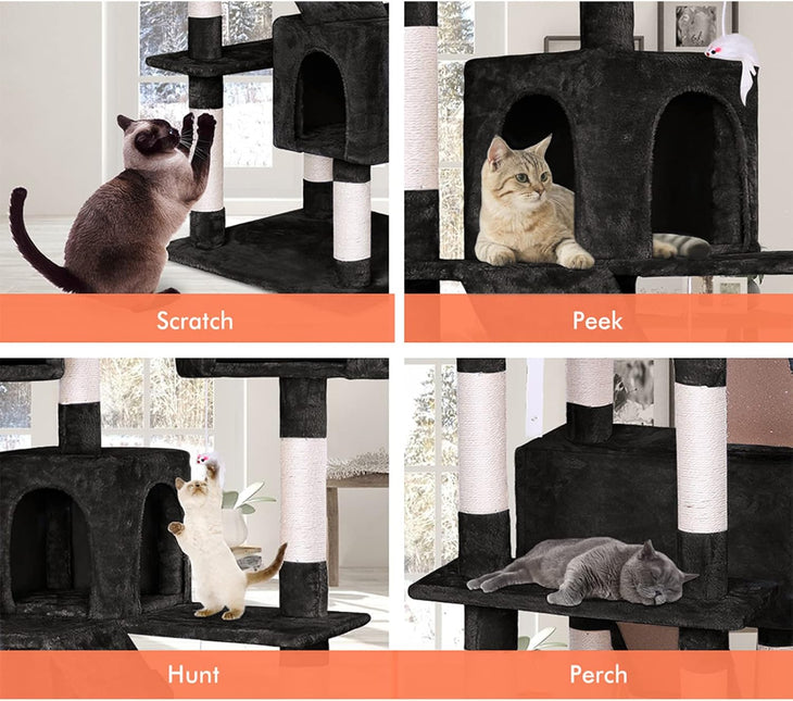 CARLA HOME 180cm Cat Tree Tower for Indoor Cats with Dual Condos, Plush Perches, Sisal Scratching Posts & Ramps for Kittens & Adult Cats (Black) - Petal & Stem