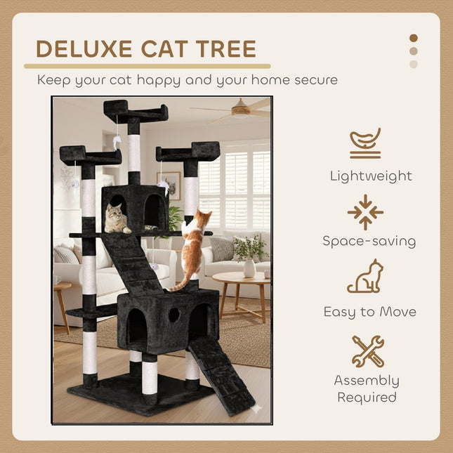 CARLA HOME 180cm Cat Tree Tower for Indoor Cats with Dual Condos, Plush Perches, Sisal Scratching Posts & Ramps for Kittens & Adult Cats (Black) - Petal & Stem