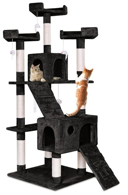 CARLA HOME 180cm Cat Tree Tower for Indoor Cats with Dual Condos, Plush Perches, Sisal Scratching Posts & Ramps for Kittens & Adult Cats (Black) - Petal & Stem