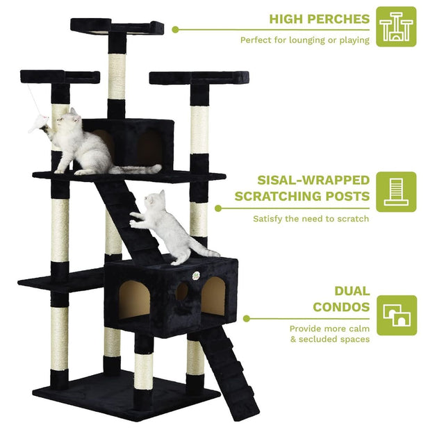 CARLA HOME 180cm Cat Tree Tower for Indoor Cats with Dual Condos, Plush Perches, Sisal Scratching Posts & Ramps for Kittens & Adult Cats (Black) - Petal & Stem