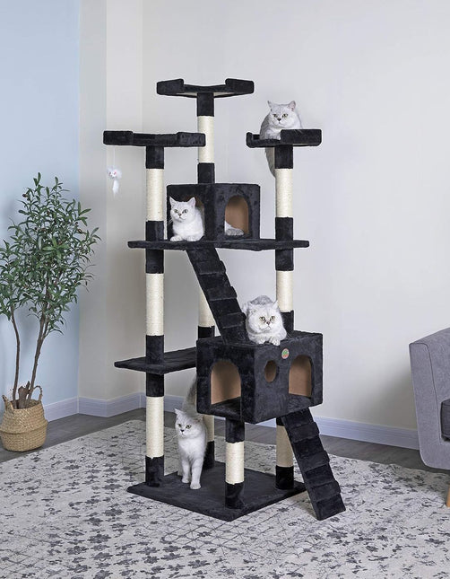 CARLA HOME 180cm Cat Tree Tower for Indoor Cats with Dual Condos, Plush Perches, Sisal Scratching Posts & Ramps for Kittens & Adult Cats (Black) - Petal & Stem