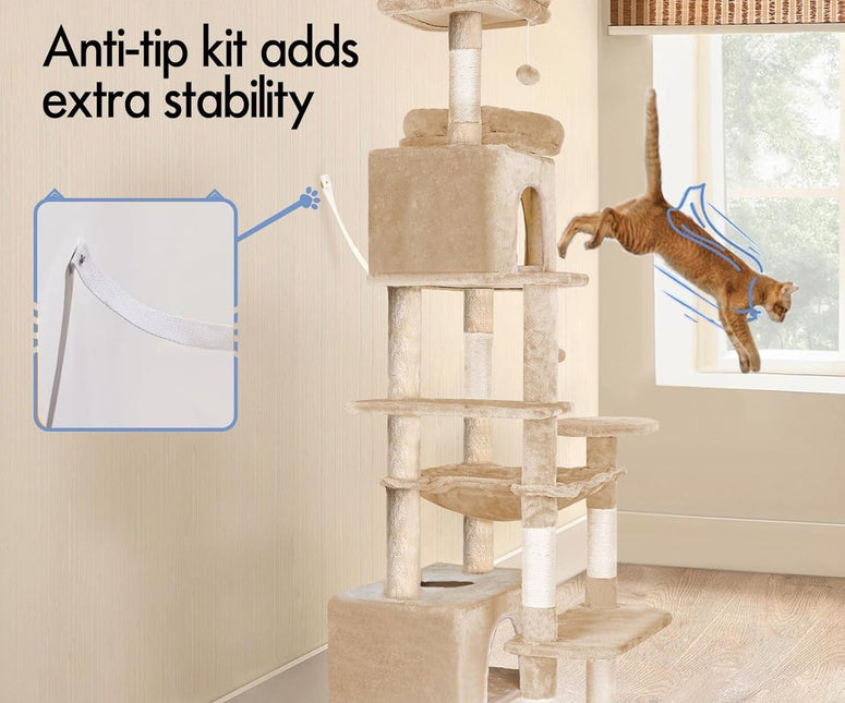 CARLA HOME 180cm Cat Tree Tower for Indoor Cats with Plush Perches, Dual Condos, Natural Sisal Scratching Posts & Ramps for Kittens & Adult Cats (Beige) - Petal & Stem