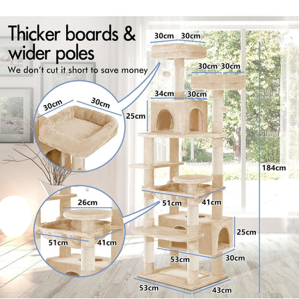 CARLA HOME 180cm Cat Tree Tower for Indoor Cats with Plush Perches, Dual Condos, Natural Sisal Scratching Posts & Ramps for Kittens & Adult Cats (Beige) - Petal & Stem