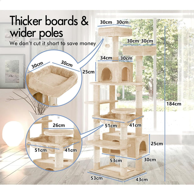 CARLA HOME 180cm Cat Tree Tower for Indoor Cats with Plush Perches, Dual Condos, Natural Sisal Scratching Posts & Ramps for Kittens & Adult Cats (Beige) - Petal & Stem