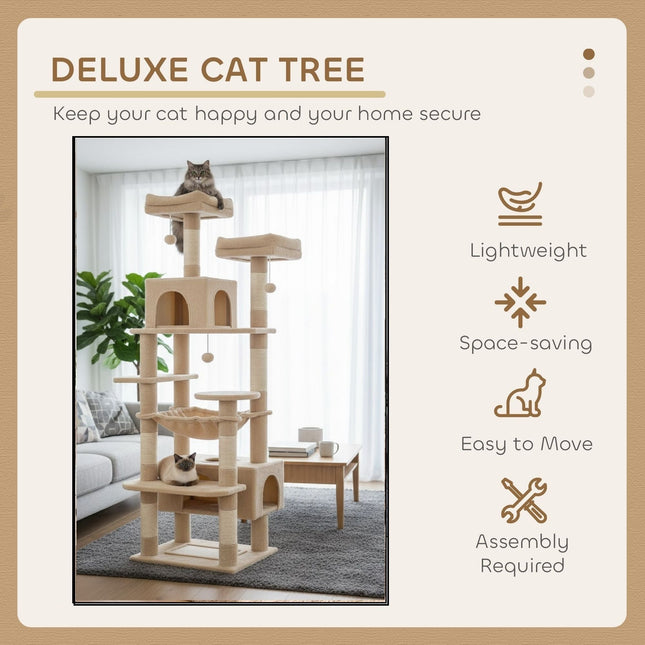 CARLA HOME 180cm Cat Tree Tower for Indoor Cats with Plush Perches, Dual Condos, Natural Sisal Scratching Posts & Ramps for Kittens & Adult Cats (Beige) - Petal & Stem