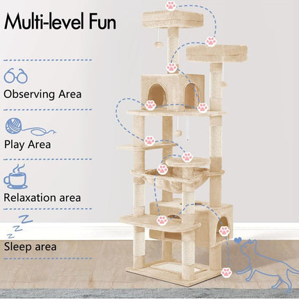 CARLA HOME 180cm Cat Tree Tower for Indoor Cats with Plush Perches, Dual Condos, Natural Sisal Scratching Posts & Ramps for Kittens & Adult Cats (Beige) - Petal & Stem