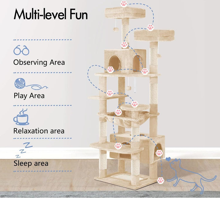 CARLA HOME 180cm Cat Tree Tower for Indoor Cats with Plush Perches, Dual Condos, Natural Sisal Scratching Posts & Ramps for Kittens & Adult Cats (Beige) - Petal & Stem