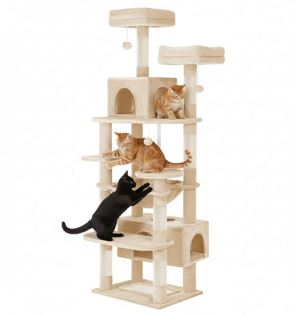 CARLA HOME 180cm Cat Tree Tower for Indoor Cats with Plush Perches, Dual Condos, Natural Sisal Scratching Posts & Ramps for Kittens & Adult Cats (Beige) - Petal & Stem