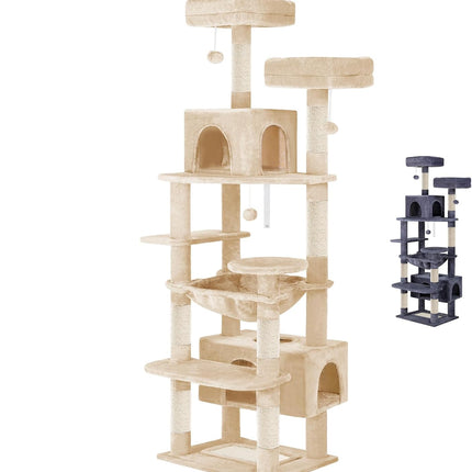 CARLA HOME 180cm Cat Tree Tower for Indoor Cats with Plush Perches, Dual Condos, Natural Sisal Scratching Posts & Ramps for Kittens & Adult Cats (Beige) - Petal & Stem