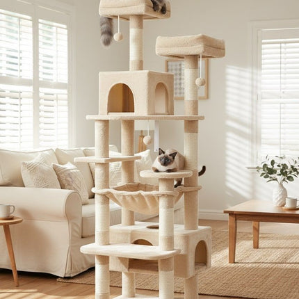 CARLA HOME 180cm Cat Tree Tower for Indoor Cats with Plush Perches, Dual Condos, Natural Sisal Scratching Posts & Ramps for Kittens & Adult Cats (Beige) - Petal & Stem