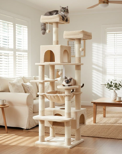 CARLA HOME 180cm Cat Tree Tower for Indoor Cats with Plush Perches, Dual Condos, Natural Sisal Scratching Posts & Ramps for Kittens & Adult Cats (Beige) - Petal & Stem