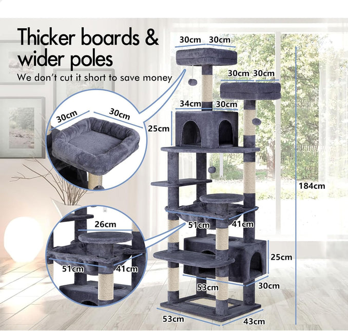 CARLA HOME 180cm Cat Tree Tower for Indoor Cats with Plush Perches, Dual Condos, Natural Sisal Scratching Posts & Ramps for Kittens & Adult Cats (Grey) - Petal & Stem