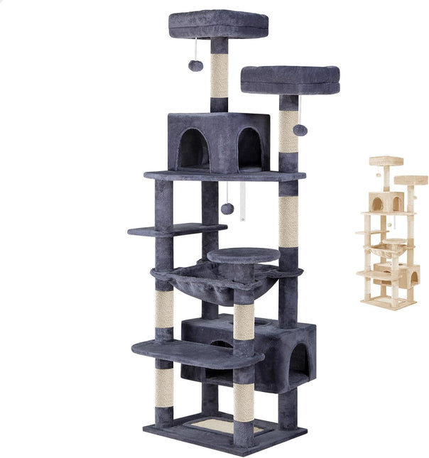 CARLA HOME 180cm Cat Tree Tower for Indoor Cats with Plush Perches, Dual Condos, Natural Sisal Scratching Posts & Ramps for Kittens & Adult Cats (Grey) - Petal & Stem