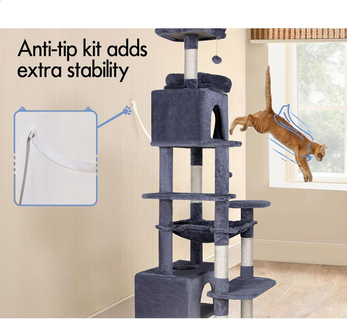 CARLA HOME 180cm Cat Tree Tower for Indoor Cats with Plush Perches, Dual Condos, Natural Sisal Scratching Posts & Ramps for Kittens & Adult Cats (Grey) - Petal & Stem