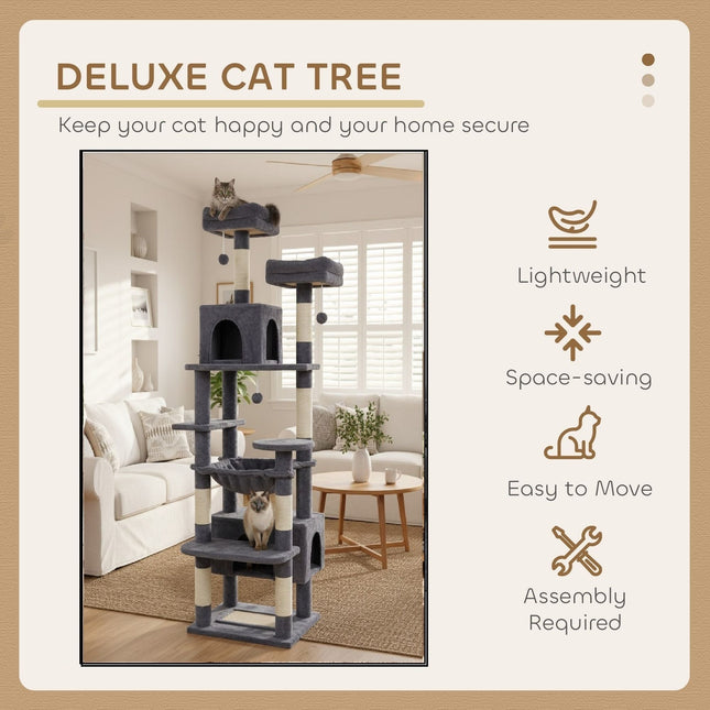 CARLA HOME 180cm Cat Tree Tower for Indoor Cats with Plush Perches, Dual Condos, Natural Sisal Scratching Posts & Ramps for Kittens & Adult Cats (Grey) - Petal & Stem