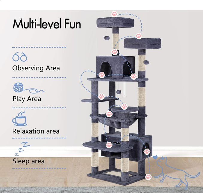 CARLA HOME 180cm Cat Tree Tower for Indoor Cats with Plush Perches, Dual Condos, Natural Sisal Scratching Posts & Ramps for Kittens & Adult Cats (Grey) - Petal & Stem