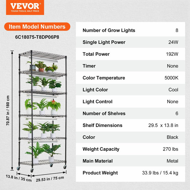 DIY Plant Stand with Grow Lights 6 Tiers 192W 70.9" Tall Plant Grow Shelf - Petal & Stem