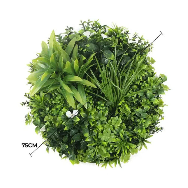 Flowering White Artificial Green Wall Disc UV Resistant 75cm (White Frame) - Petal & Stem