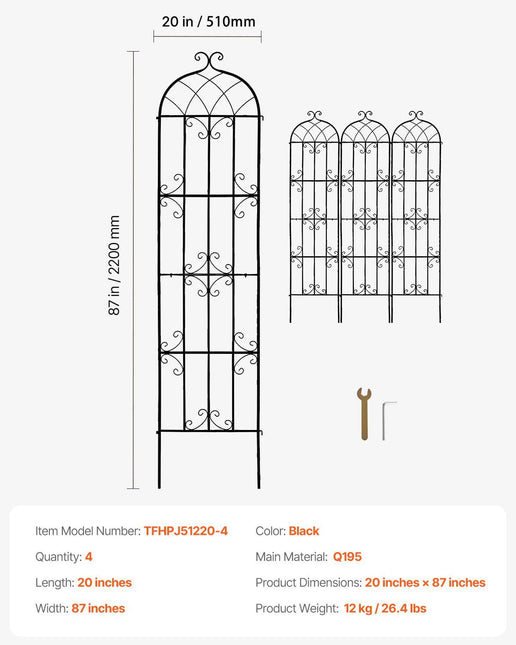 Garden Trellis for Climbing Plants, 87 x 20 in, 4 Packs Rustproof Metal Garden Flower Trellis, Outdoor Climbing Rose Trellis Cucumbers Support - Petal & Stem