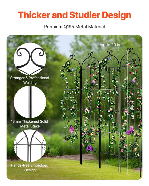Garden Trellis for Climbing Plants, 87 x 20 in, 4 Packs Rustproof Metal Garden Flower Trellis, Outdoor Climbing Rose Trellis Cucumbers Support - Petal & Stem