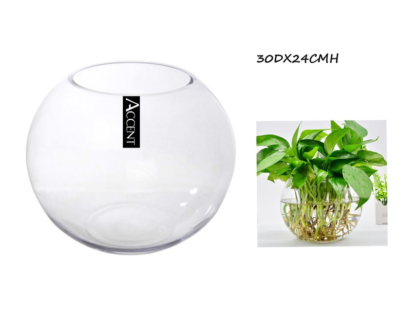 Glass Rose Round Fish Bowl 30x24cm - Petal & Stem