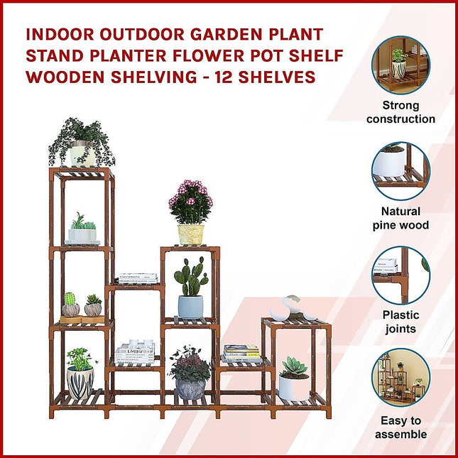 Indoor Outdoor Garden Plant Stand Planter Flower Pot Shelf Wooden Shelving 12 Shelves - Petal & Stem