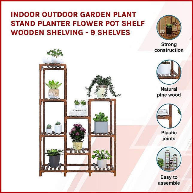 Indoor Outdoor Garden Plant Stand Planter Flower Pot Shelf Wooden Shelving 9 Shelves - Petal & Stem