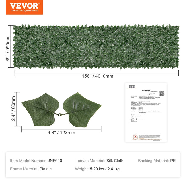 Ivy Privacy Fence, 39 x 158in Artificial Green Wall Screen, Greenery Ivy Fence with Mesh Cloth Backing and Strengthened Joint, Faux Hedges Vine Leaf Decoration for Outdoor Garden, Yard, Balcony - Petal & Stem