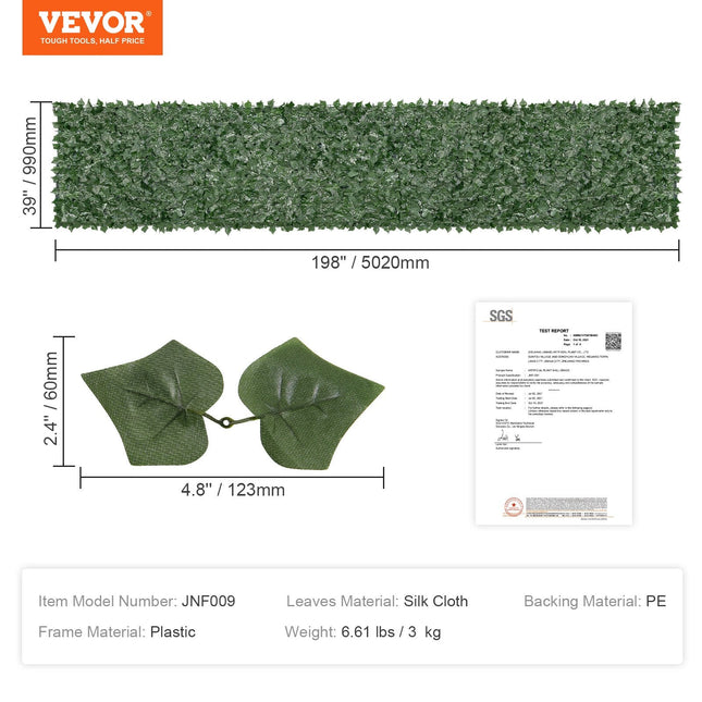 Ivy Privacy Fence, 39 x 198in Artificial Green Wall Screen, Greenery Ivy Fence with Mesh Cloth Backing and Strengthened Joint - Petal & Stem