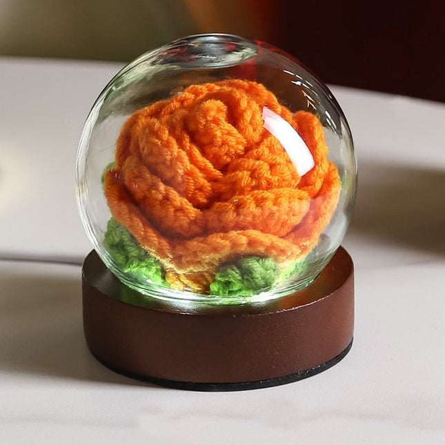 Orange Rose Handcrafted Crochet Flower LED Night Light USB Rechargeable Glass Dome Lamp with Wood Base, 3 Colour Modes - Petal & Stem