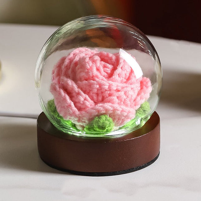 Pink Rose Handcrafted Crochet Flower LED Night Light USB Rechargeable Glass Dome Lamp with Wood Base, 3 Colour Modes - Petal & Stem